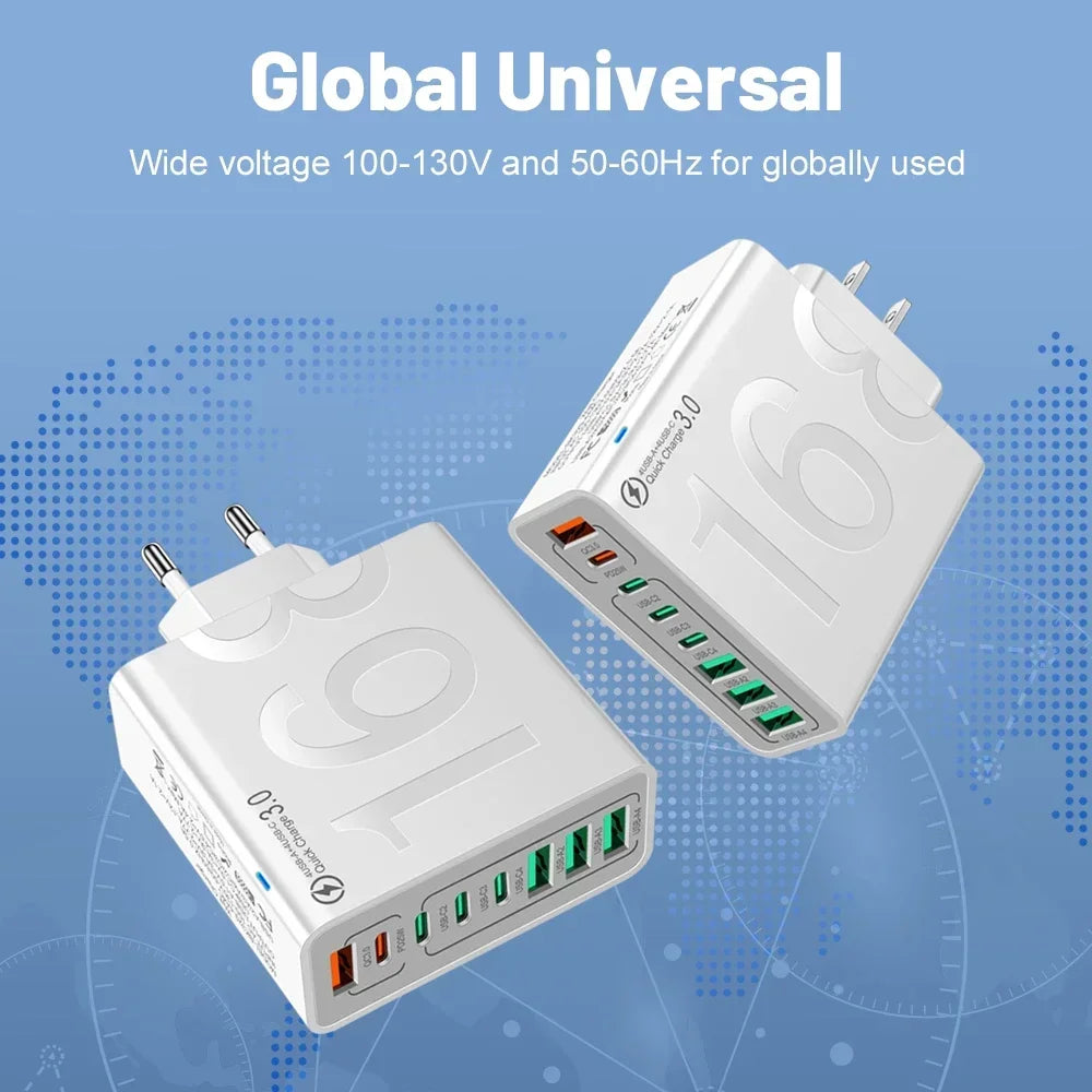 Total 150W 8 Ports USB C Charger Fast Charging PD Mobile Phone Quick Charger 3.0 Wall Adapter for Iphone Samsung Xiaomi Huawei