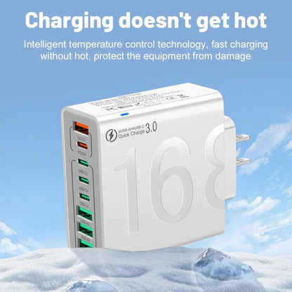 Total 150W 8 Ports USB C Charger Fast Charging PD Mobile Phone Quick Charger 3.0 Wall Adapter for Iphone Samsung Xiaomi Huawei