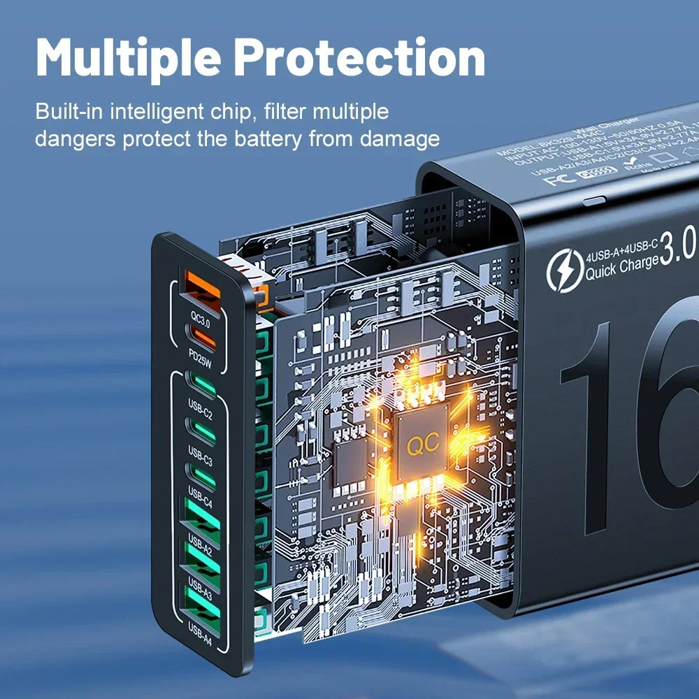 Total 150W 8 Ports USB C Charger Fast Charging PD Mobile Phone Quick Charger 3.0 Wall Adapter for Iphone Samsung Xiaomi Huawei