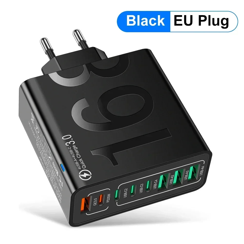 Total 150W 8 Ports USB C Charger Fast Charging PD Mobile Phone Quick Charger 3.0 Wall Adapter for Iphone Samsung Xiaomi Huawei
