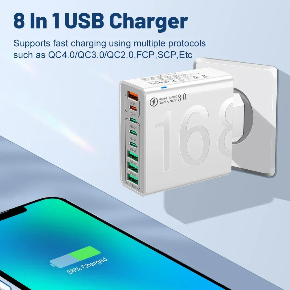 Total 150W 8 Ports USB C Charger Fast Charging PD Mobile Phone Quick Charger 3.0 Wall Adapter for Iphone Samsung Xiaomi Huawei