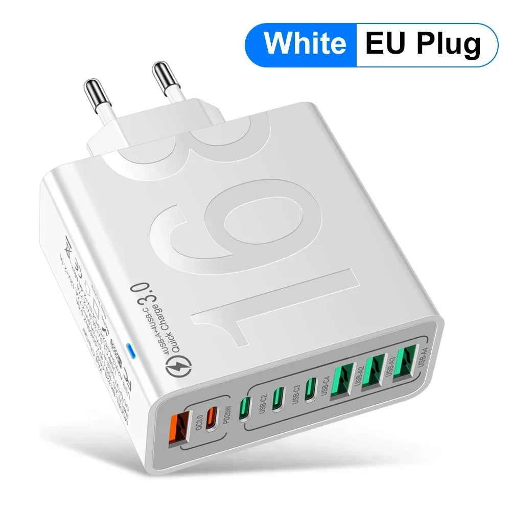 Total 150W 8 Ports USB C Charger Fast Charging PD Mobile Phone Quick Charger 3.0 Wall Adapter for Iphone Samsung Xiaomi Huawei