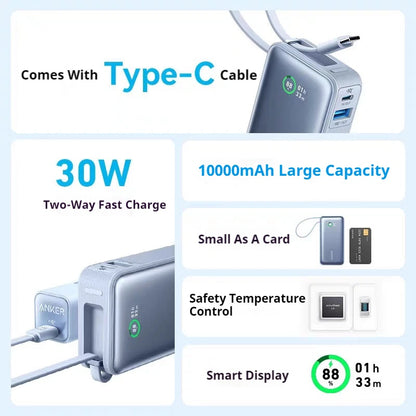 ANKER Nano 10000Mah Power Bank 30W PD Fast Charge with Type C Cable Portable External Battery Mobile Powerbank for Iphone16