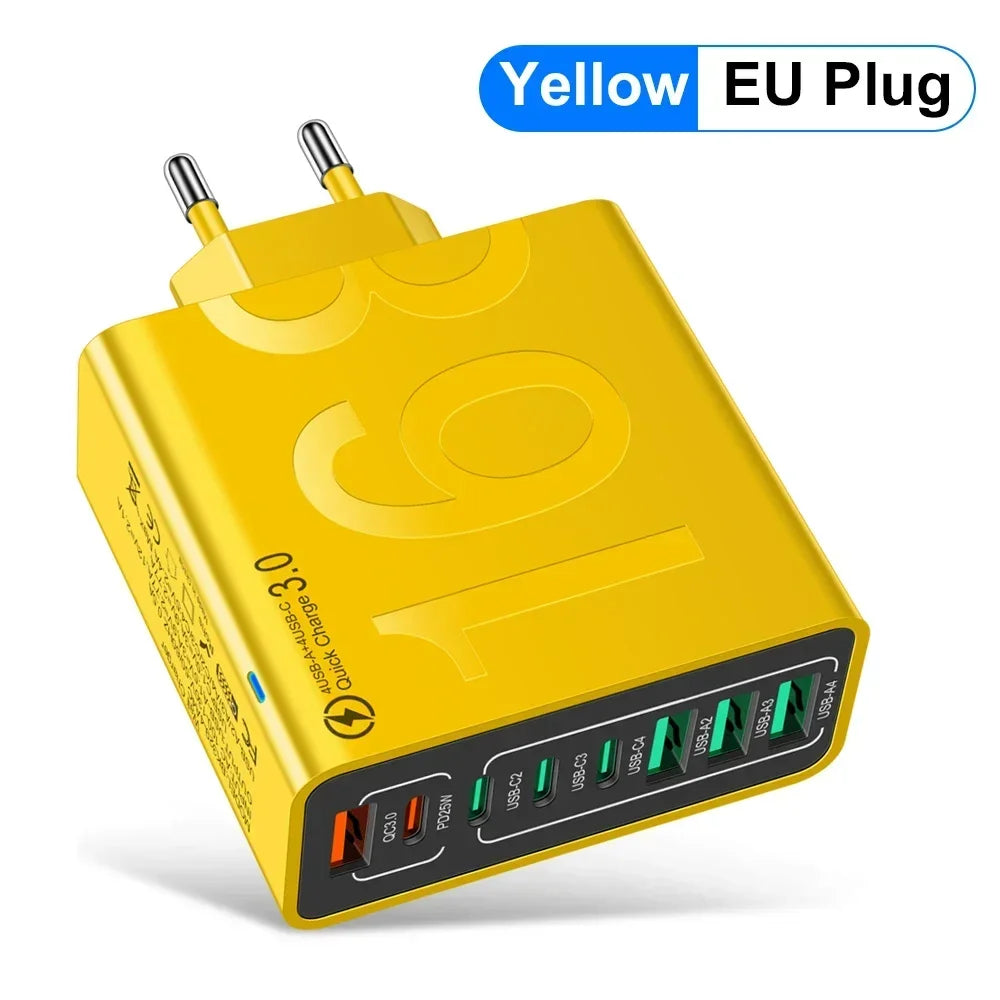 Total 150W 8 Ports USB C Charger Fast Charging PD Mobile Phone Quick Charger 3.0 Wall Adapter for Iphone Samsung Xiaomi Huawei